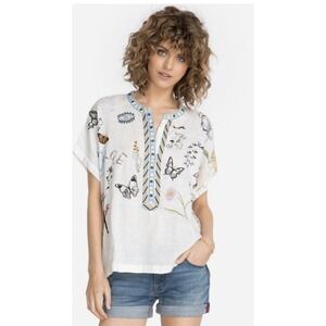 Johnny Was Embroidered Linen Tunic Top White Multi Color Doodle Graphics Small
